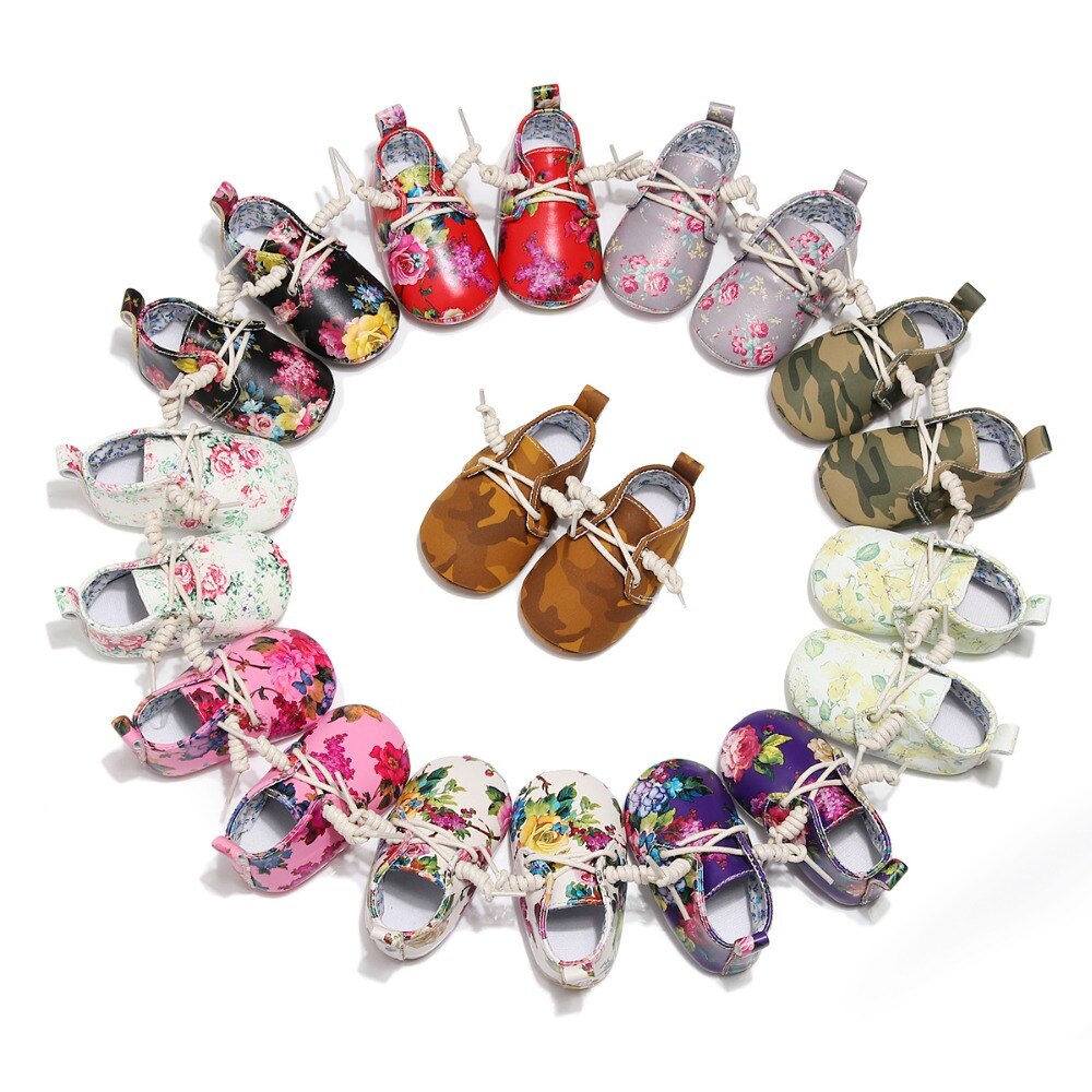 Lovely Floral Printing PU Leather Baby Girls Shoes