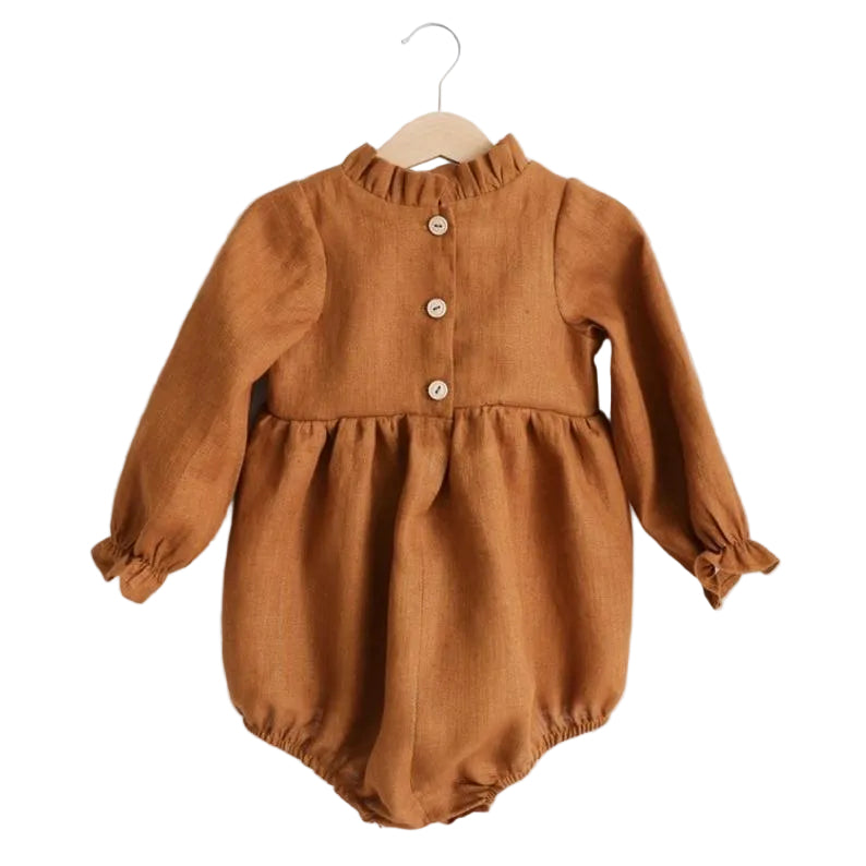 Baby Girl Solid Color Lace Design Long Sleeves Linen Cotton Bodysuit