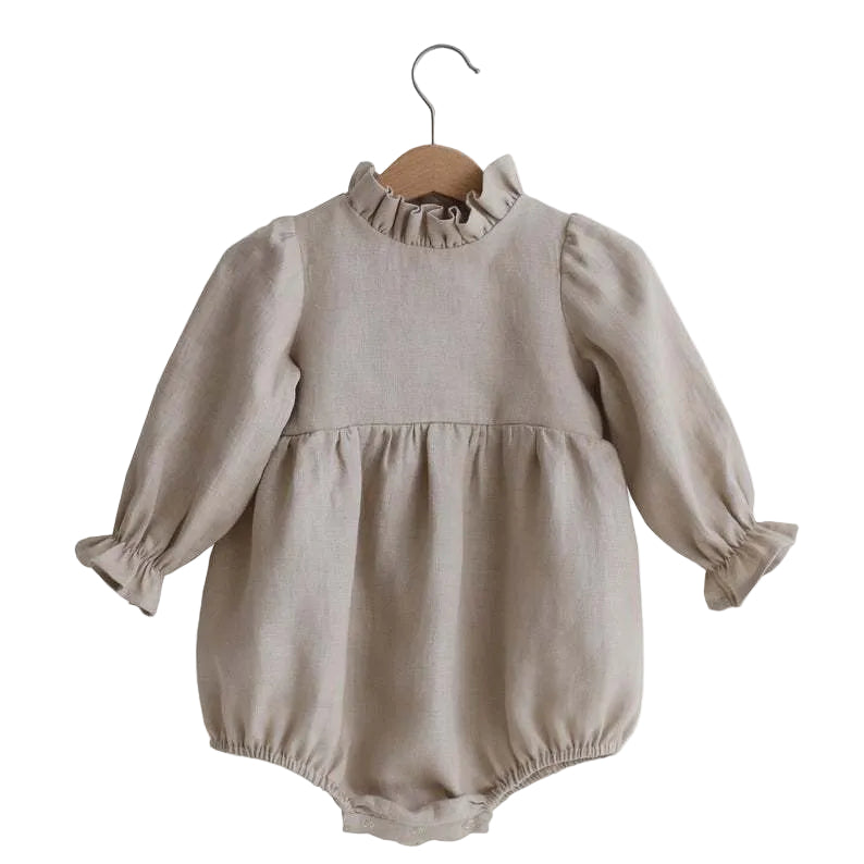 Baby Girl Solid Color Lace Design Long Sleeves Linen Cotton Bodysuit