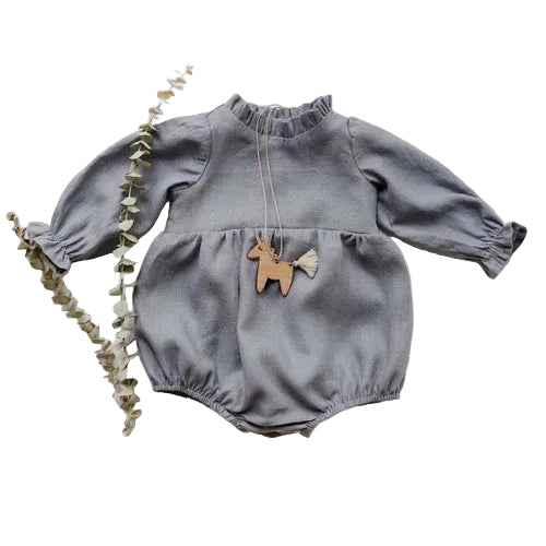 Baby Girl Solid Color Lace Design Long Sleeves Linen Cotton Bodysuit
