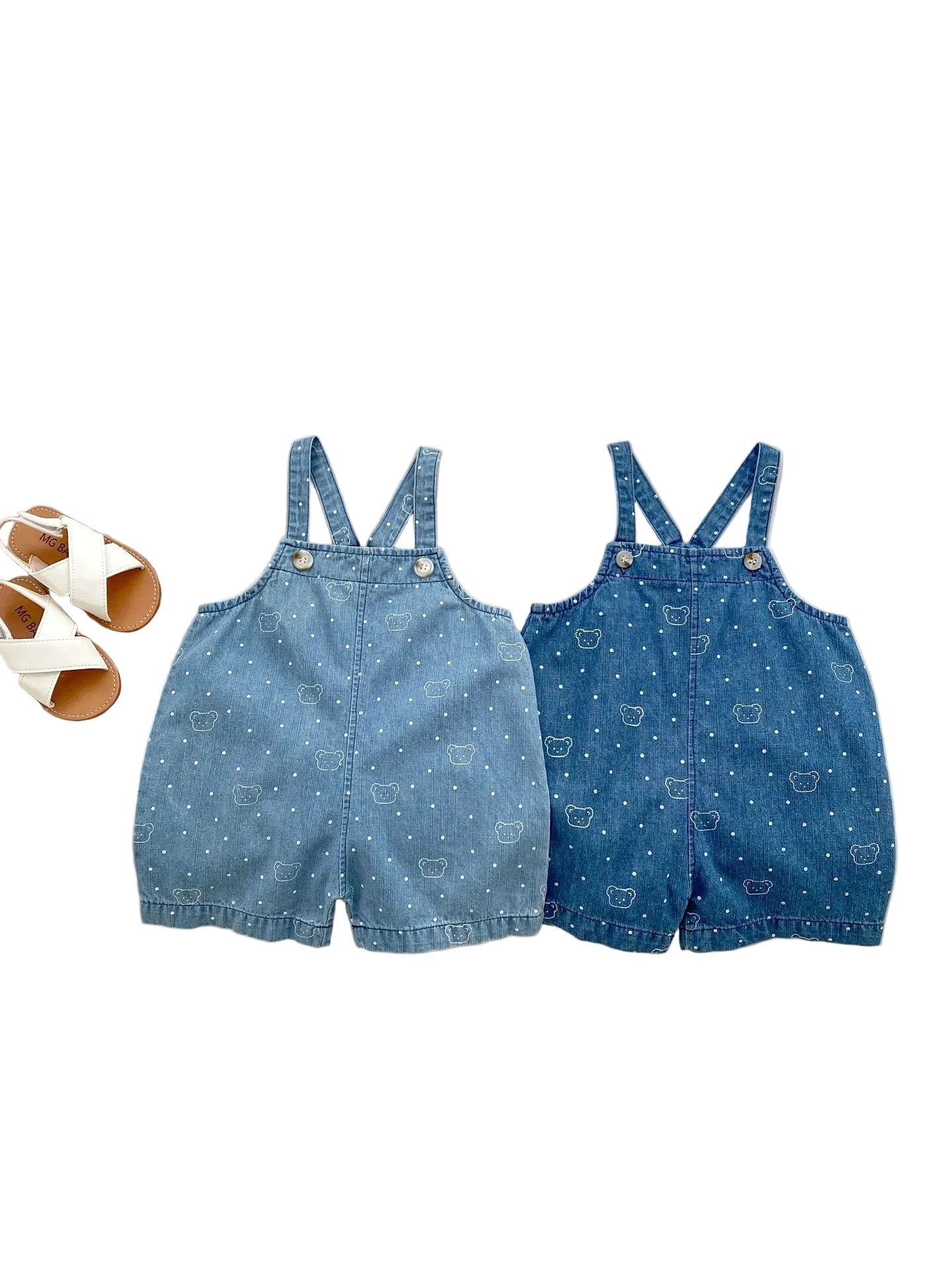 Summer Baby Kids Unisex Teddy Print White Dots Denim Overalls Cotton