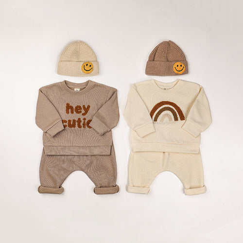 Baby Rainbow & Letter Graphic Hoodies And Pants Cotton Sets