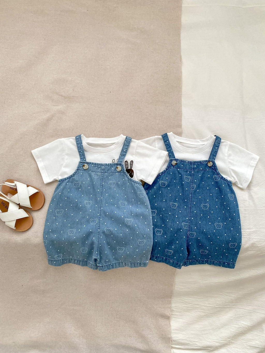 Summer Baby Kids Unisex Teddy Print White Dots Denim Overalls Cotton