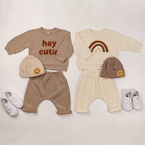 Baby Rainbow & Letter Graphic Hoodies And Pants Cotton Sets