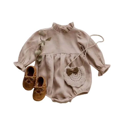 Baby Girl Solid Color Lace Design Long Sleeves Linen Cotton Bodysuit