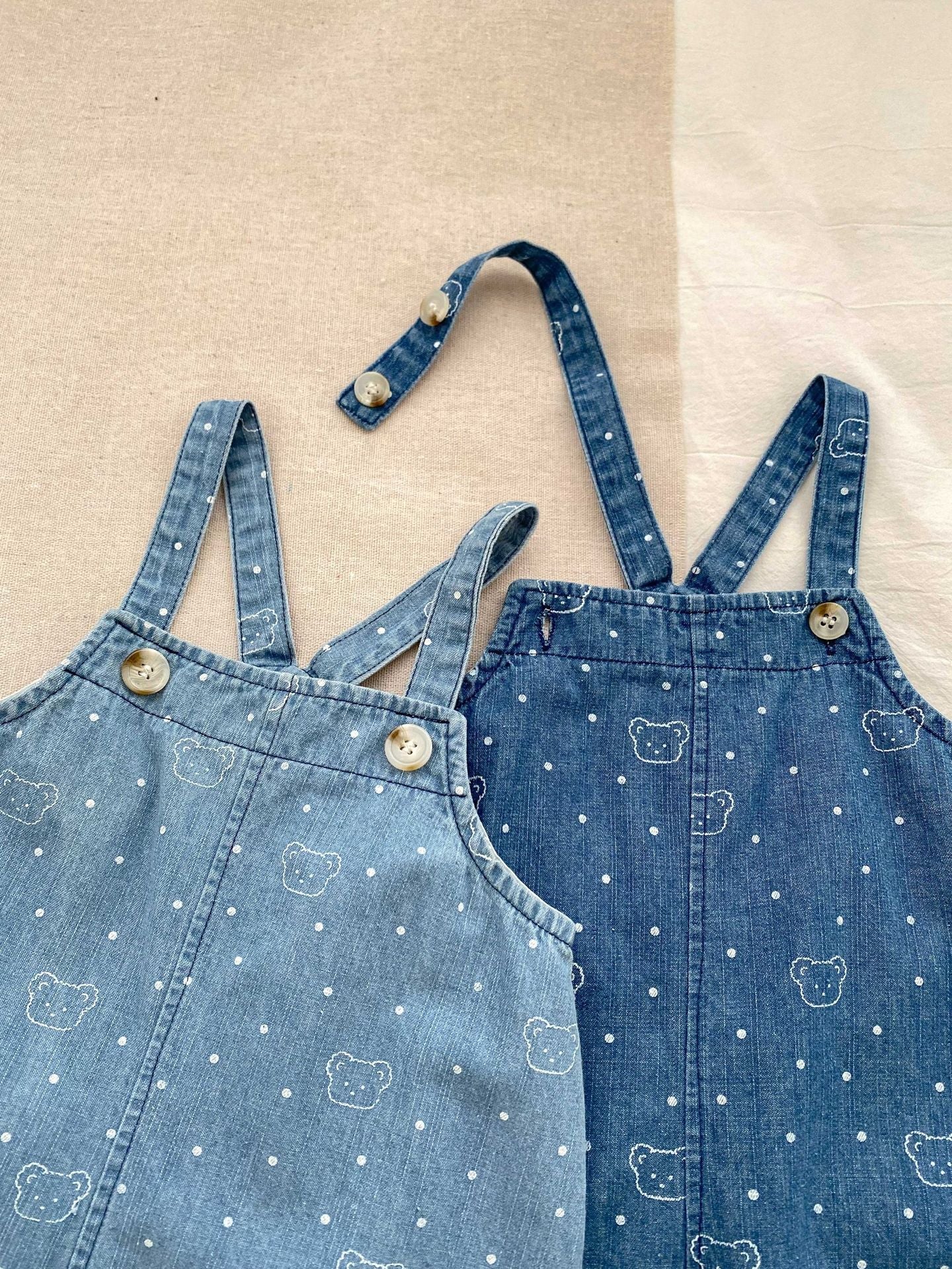 Summer Baby Kids Unisex Teddy Print White Dots Denim Overalls Cotton