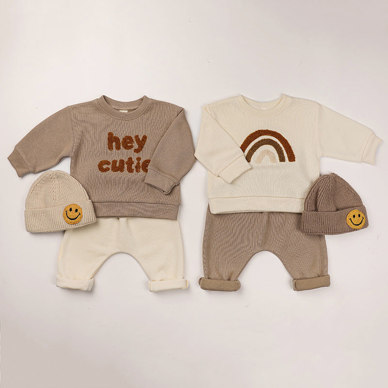 Baby Rainbow & Letter Graphic Hoodies And Pants Cotton Sets