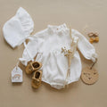Baby Girl Solid Color Lace Design Long Sleeves Linen Cotton Bodysuit