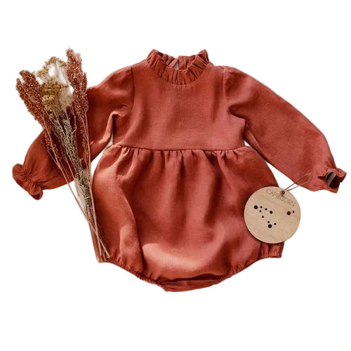 Baby Girl Solid Color Lace Design Long Sleeves Linen Cotton Bodysuit