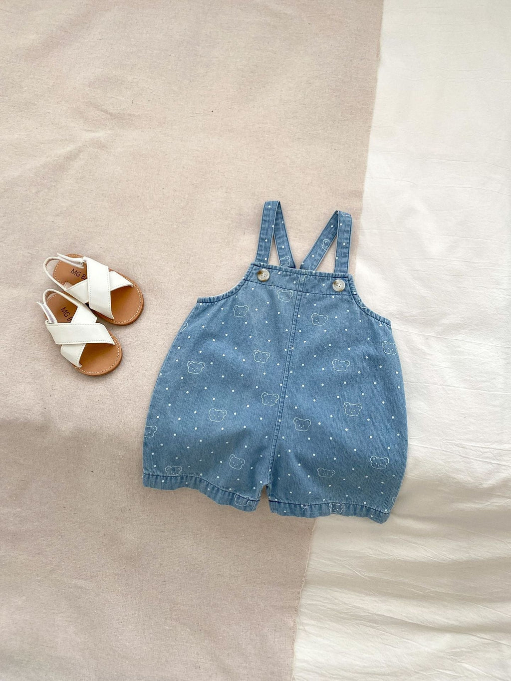 Summer Baby Kids Unisex Teddy Print White Dots Denim Overalls Cotton