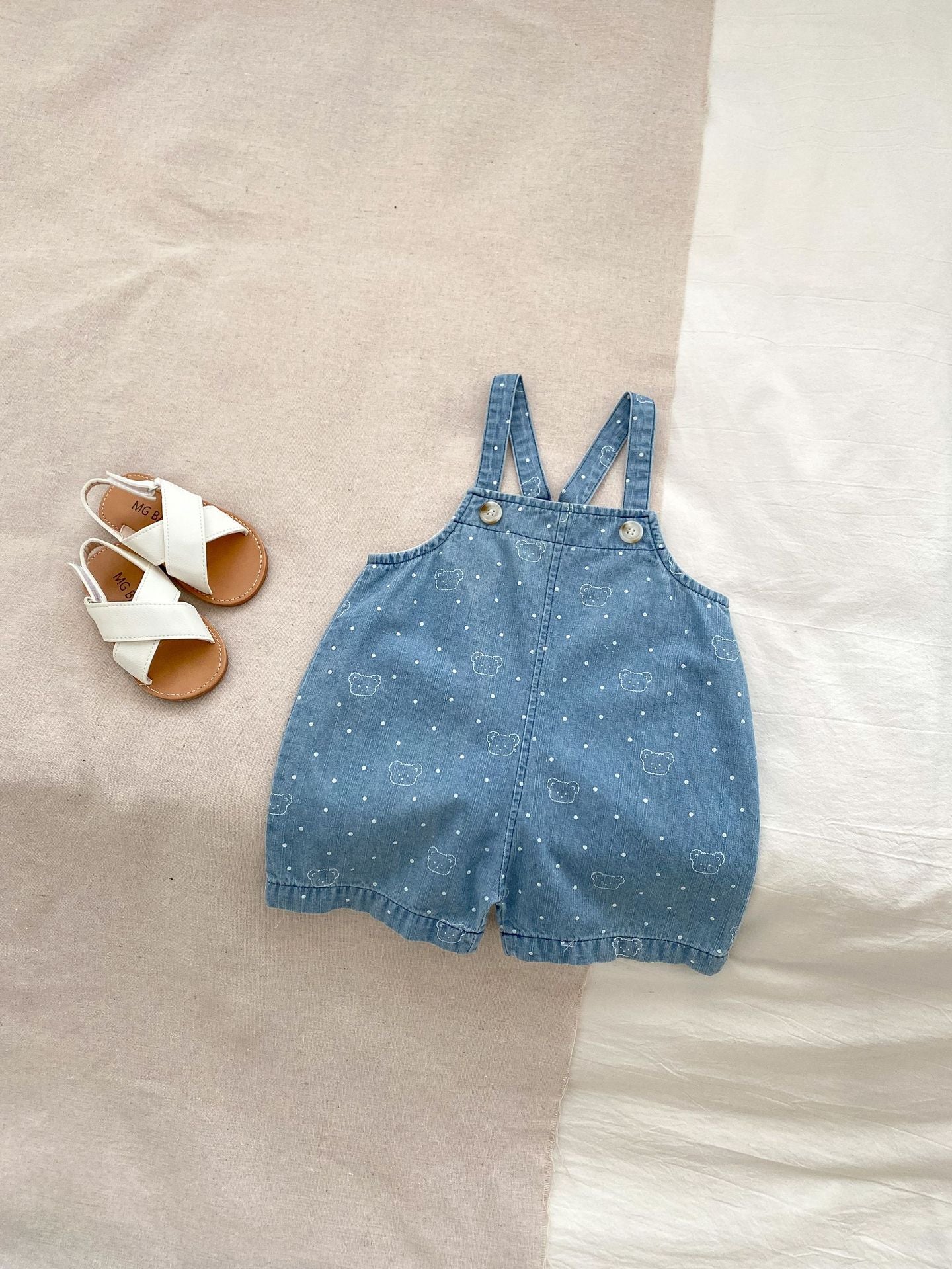 Summer Baby Kids Unisex Teddy Print White Dots Denim Overalls Cotton