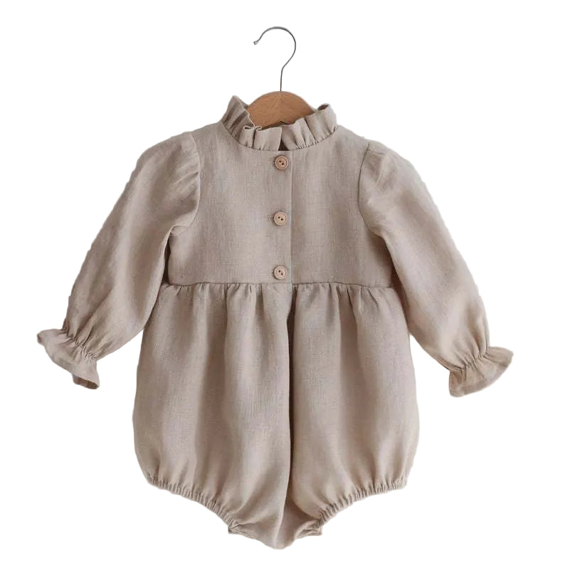 Baby Girl Solid Color Lace Design Long Sleeves Linen Cotton Bodysuit