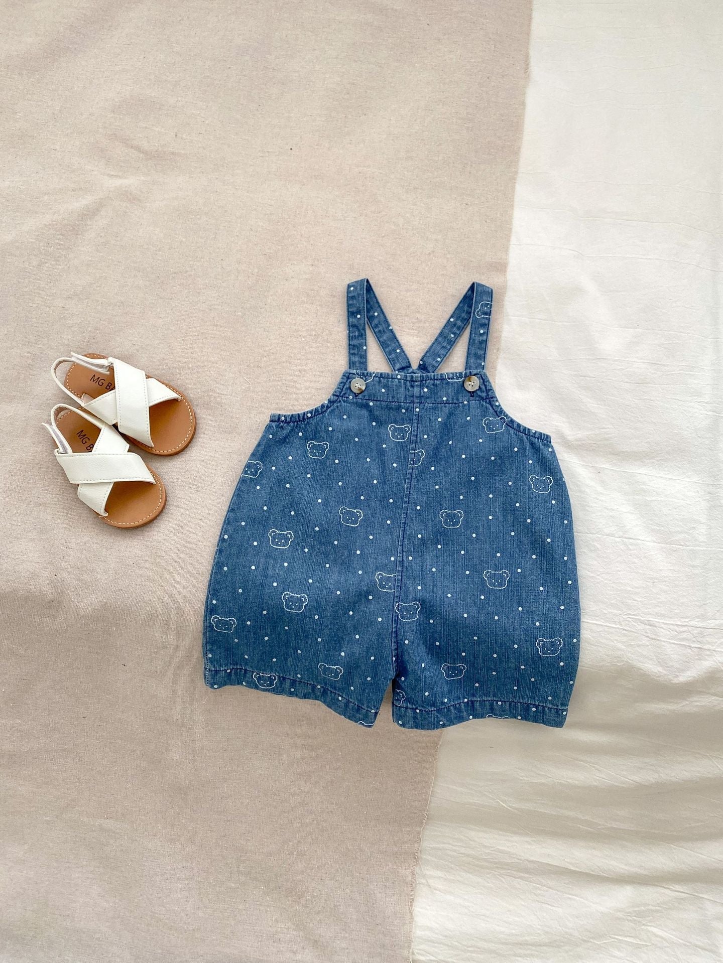 Summer Baby Kids Unisex Teddy Print White Dots Denim Overalls Cotton