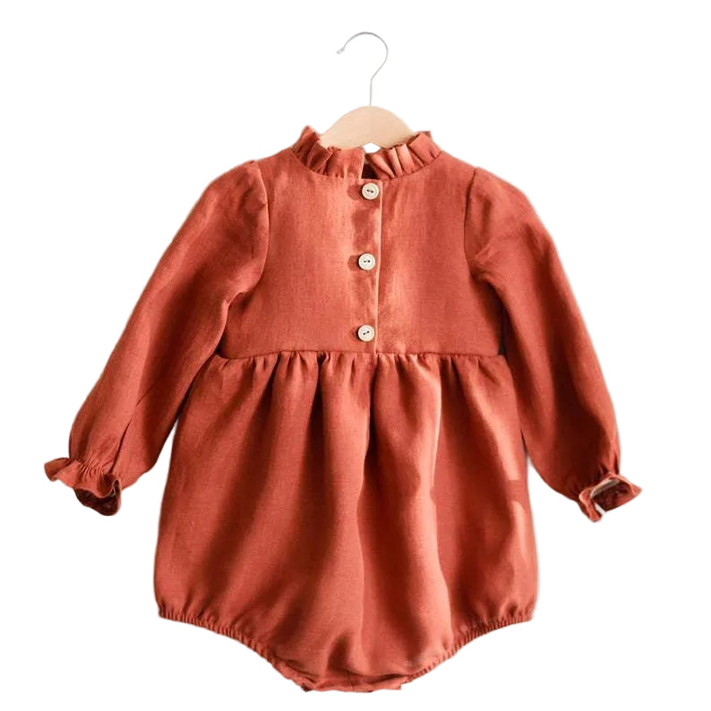 Baby Girl Solid Color Lace Design Long Sleeves Linen Cotton Bodysuit