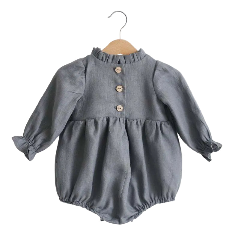Baby Girl Solid Color Lace Design Long Sleeves Linen Cotton Bodysuit