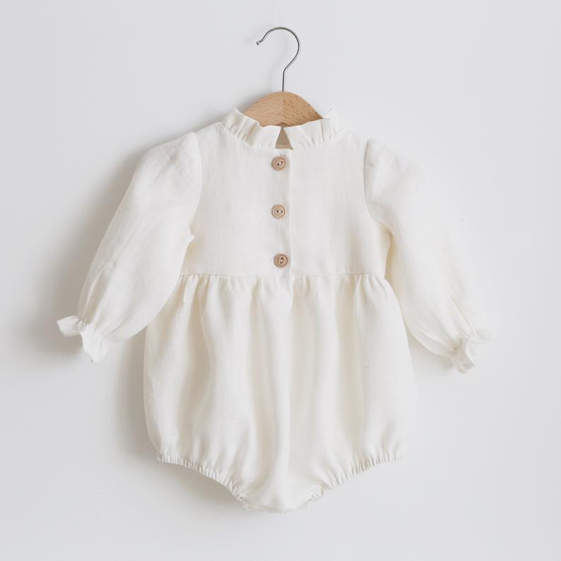 Baby Girl Solid Color Lace Design Long Sleeves Linen Cotton Bodysuit